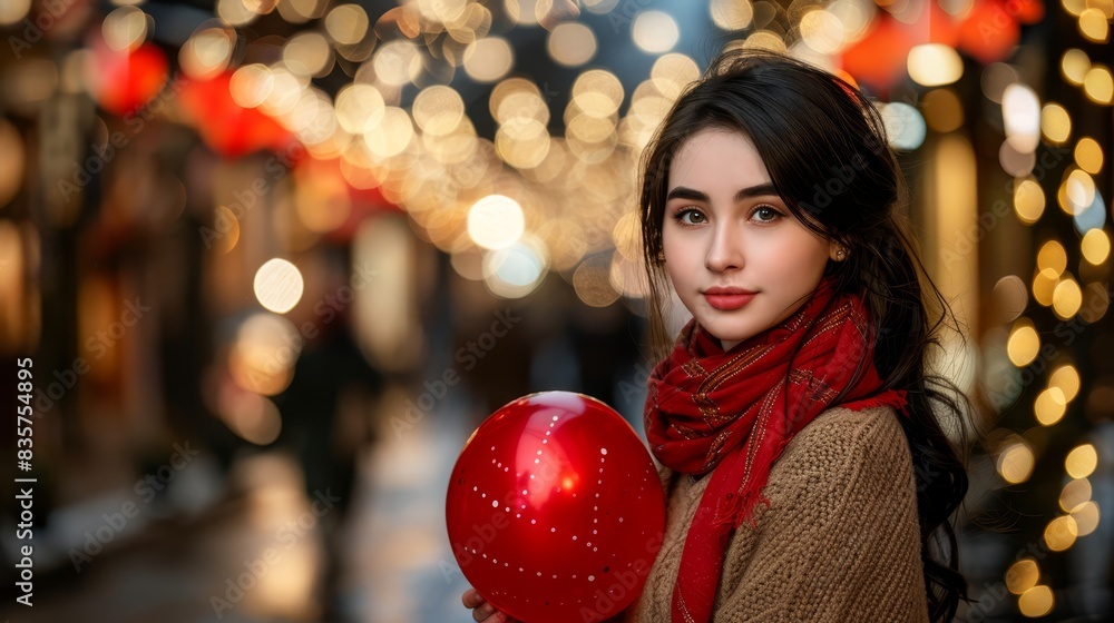 A woman holds a red balloon in front of a Christmas tree Lights adorn the other side of her face She wears a red scarf around her neck A woman holds a red balloon in front of a Christmas tree Lights adorn the other side of her face She wears a red scarf around her neck