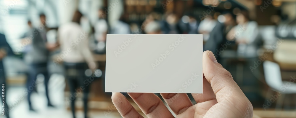 Hand displaying a blank business card with a busy office environment in the background Hand displaying a blank business card with a busy office environment in the background