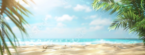 Beautiful beach background with golden sand and blue sky. Summer vacation concept  banner for product display presentation. Blurred tropical sea and palm trees on a blurred background