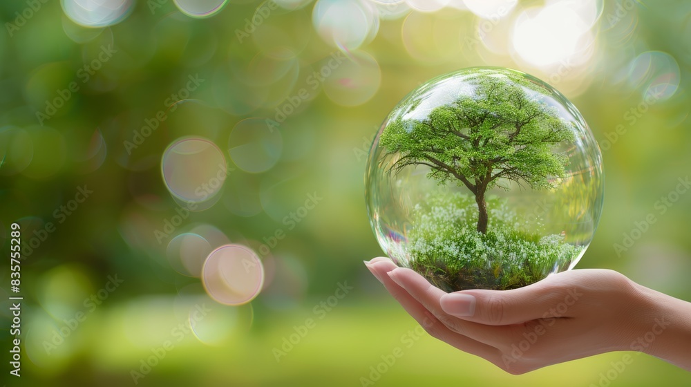 Green Earth concept with a tree inside a globe held by a hand Green Earth concept with a tree inside a globe held by a hand