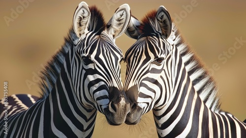  Two zebras stand side by side  faces turned in opposite directions  opposite sides towards the camera
