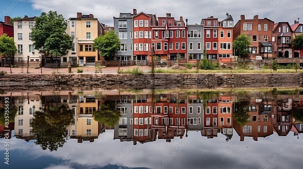 Fototapeta premium Glowing urban cityscape reflected in rippling water, illuminated skyscrapers at night