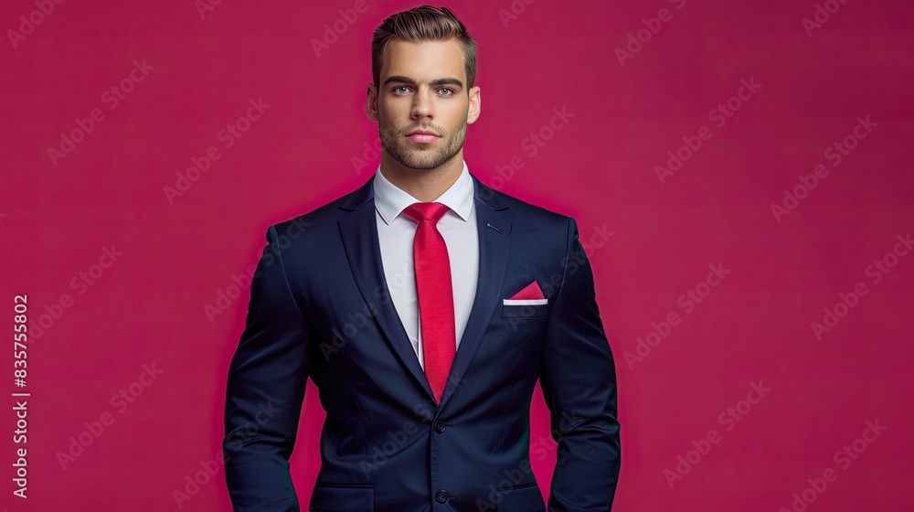 Male fitness model in a formal navy suit with a red tie, isolated on a hot pink background Male fitness model in a formal navy suit with a red tie, isolated on a hot pink background