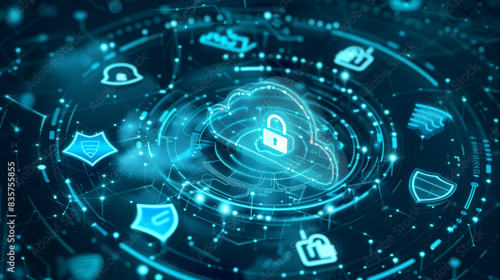 A blue circle with a lock on it and other icons surrounding it A blue circle with a lock on it and other icons surrounding it