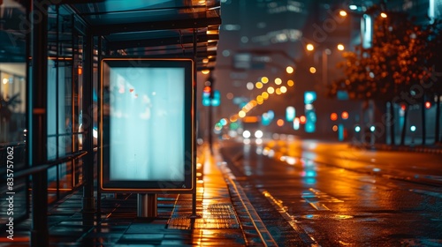 Empty lightbox at a bus stop on a busy night city street