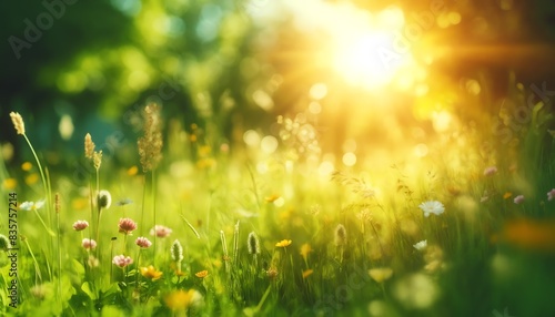 An image of a sunny meadow filled with a variety of small wildflowers © monkik.