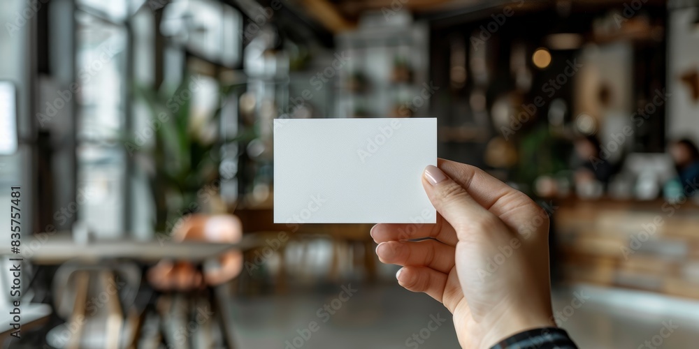 Empty business card in hand with a busy workplace as background Empty business card in hand with a busy workplace as background