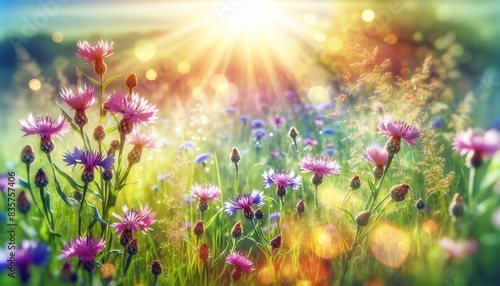 An image of a sunny meadow filled with Common knapweed flowers © monkik.