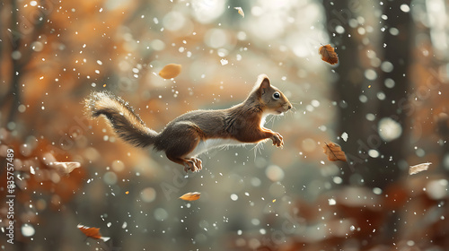 a squirrel with a long brown tail and black eye flies through the air, surrounded by brown leaves photo