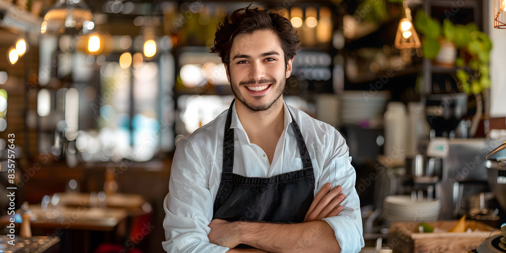 Joven hombre caucasico sonriente vestido de mesero con camisa blanca y mandil en una cafetería Joven hombre caucasico sonriente vestido de mesero con camisa blanca y mandil en una cafetería