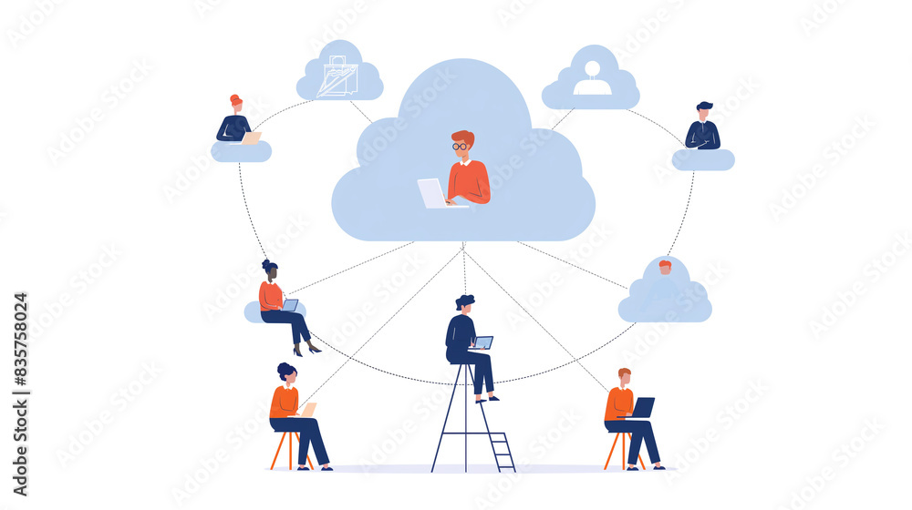 Businessman working connected online on cloud technology network and social network concept Remote working and data storage External business processes, flat vector illustration Businessman working connected online on cloud technology network and social network concept Remote working and data storage External business processes, flat vector illustration