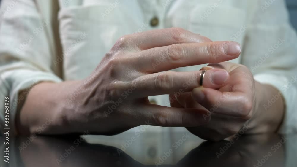 Lady takes off wedding ring with problems. A stressed female with problems takes off the golden ring after divorce with husband indoor. Lady takes off wedding ring with problems. A stressed female with problems takes off the golden ring after divorce with husband indoor.