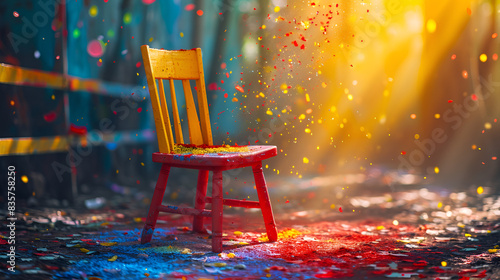 Chair Under Confetti with colorful bagground photo