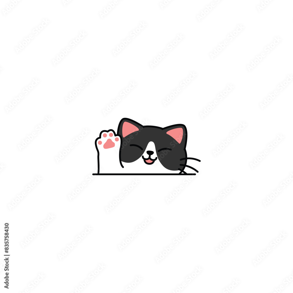 Cute black and white cat waving paw cartoon, vector illustration Cute black and white cat waving paw cartoon, vector illustration
