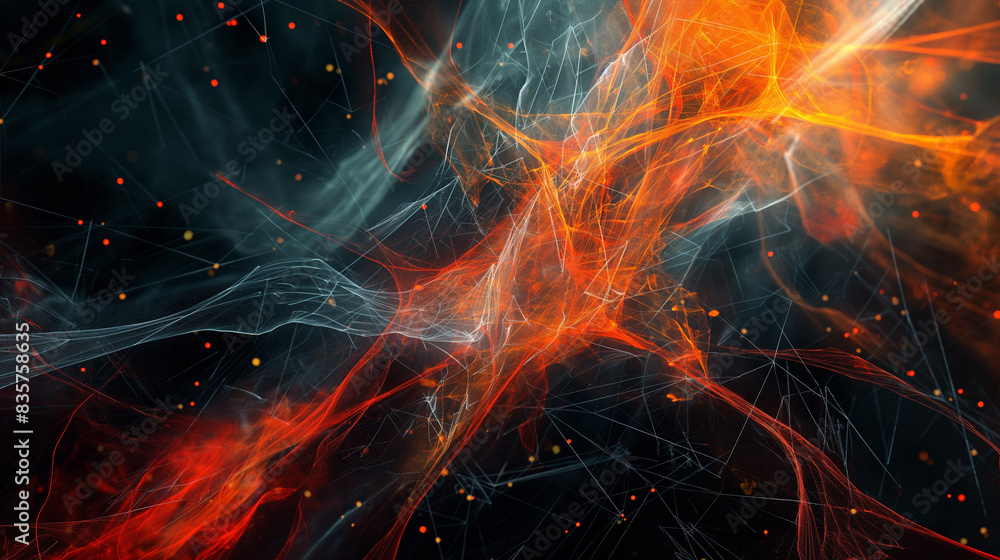 Obraz premium Abstract golden digital particle waves and dynamic light background with many glowing points and lines. Big data. Network of particles connected by lines, 3D rendering.