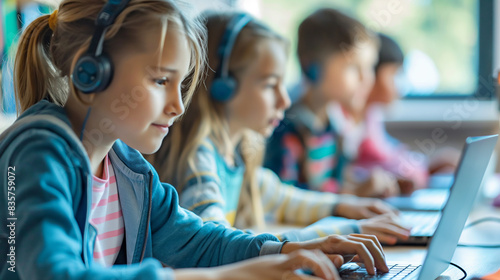 Cute student with headphones in computer class at elementary school Learning concepts, knowledge development
