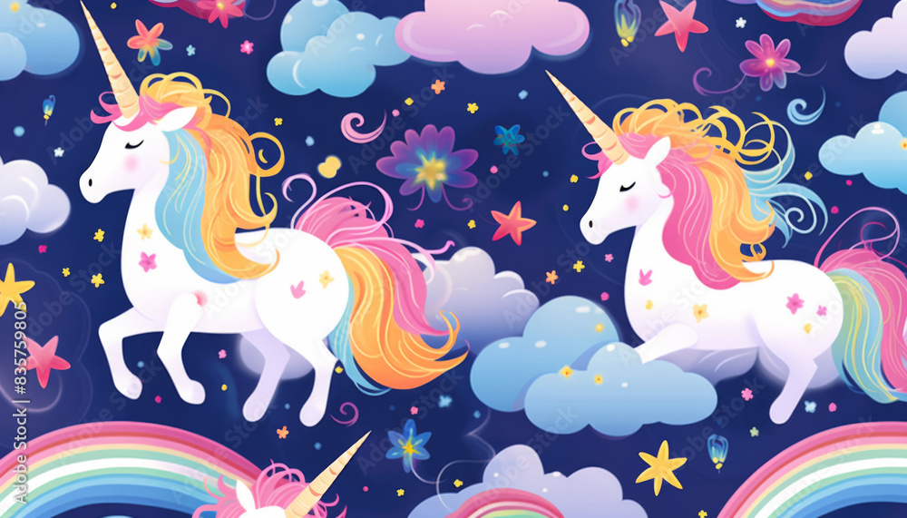 Two unicorns are flying through the sky above a colorful rainbow Two unicorns are flying through the sky above a colorful rainbow