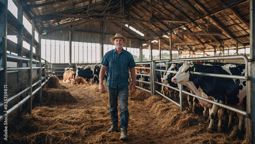 Happy farmer with cow cattle farm countryside. Happy farmer with cow cattle farm countryside.