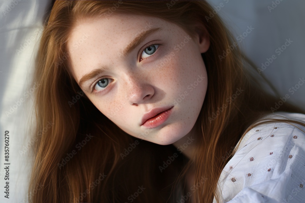 Close-up of a young woman with flawless skin, showcasing beauty in soft and natural colors Close-up of a young woman with flawless skin, showcasing beauty in soft and natural colors