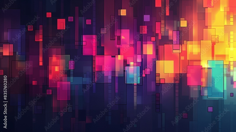 Colorful digital pixel art with a dark gradient and vibrant squares Colorful digital pixel art with a dark gradient and vibrant squares