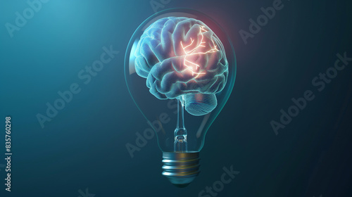 Human brain inside a light bulb brainstorming ideas idea or understanding Creative inspiration and innovation 3D bright business
