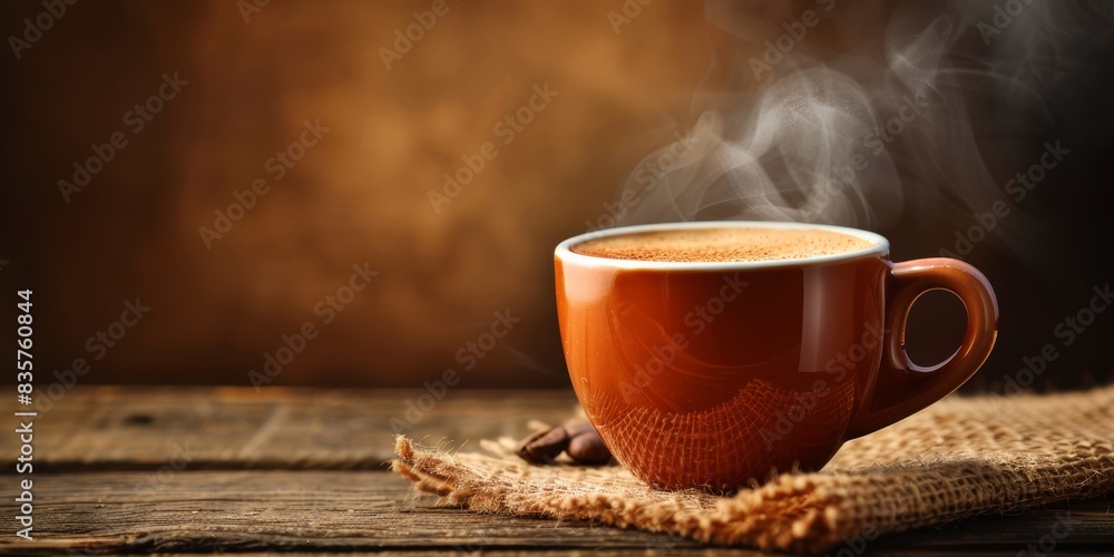 Coffee break concept with a steaming cup of coffee on a brown background Coffee break concept with a steaming cup of coffee on a brown background