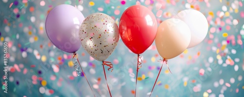 Cheerful party scene with floating balloons and festive confetti