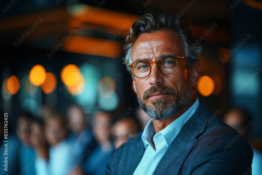 Confident bearded business coach in glasses leads a conference room filled with attentive employees of an international corporation Confident bearded business coach in glasses leads a conference room filled with attentive employees of an international corporation