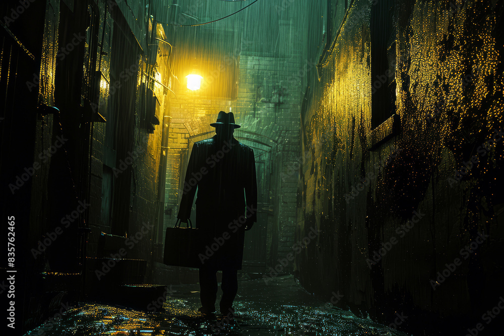 Shadowy figure in fedora a spy or agent walks through a dark and rainy backstreet with a briefcase in hand. Espionage and transfering of national secrets concept