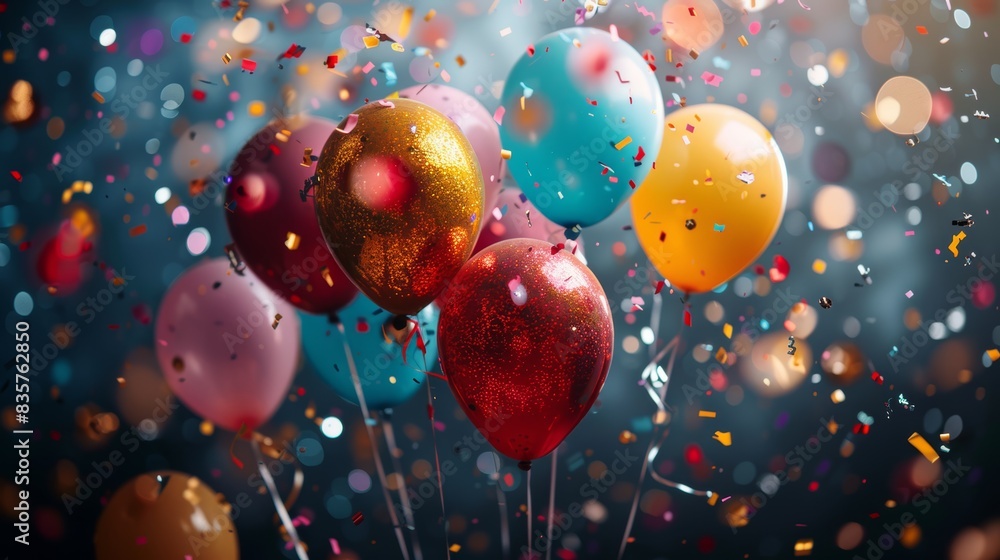 Celebration and party scene with vibrant balloons and festive confetti Celebration and party scene with vibrant balloons and festive confetti