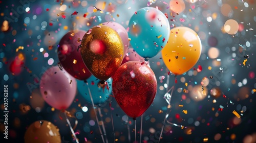 Celebration and party scene with vibrant balloons and festive confetti photo