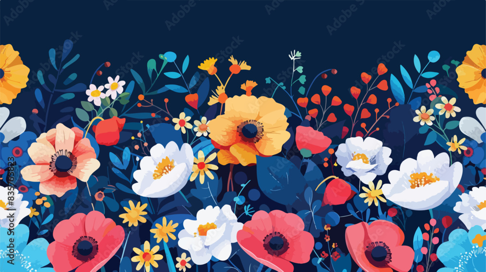 Decorative flowers on the dark blue background Cartoo