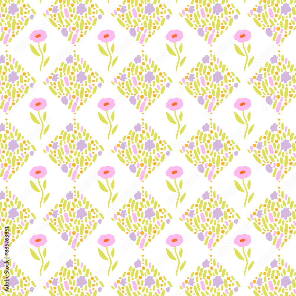 Geometrical pattern with flowers. Print for greeting card, wrapping paper, textile, wallpaper and invitation background.