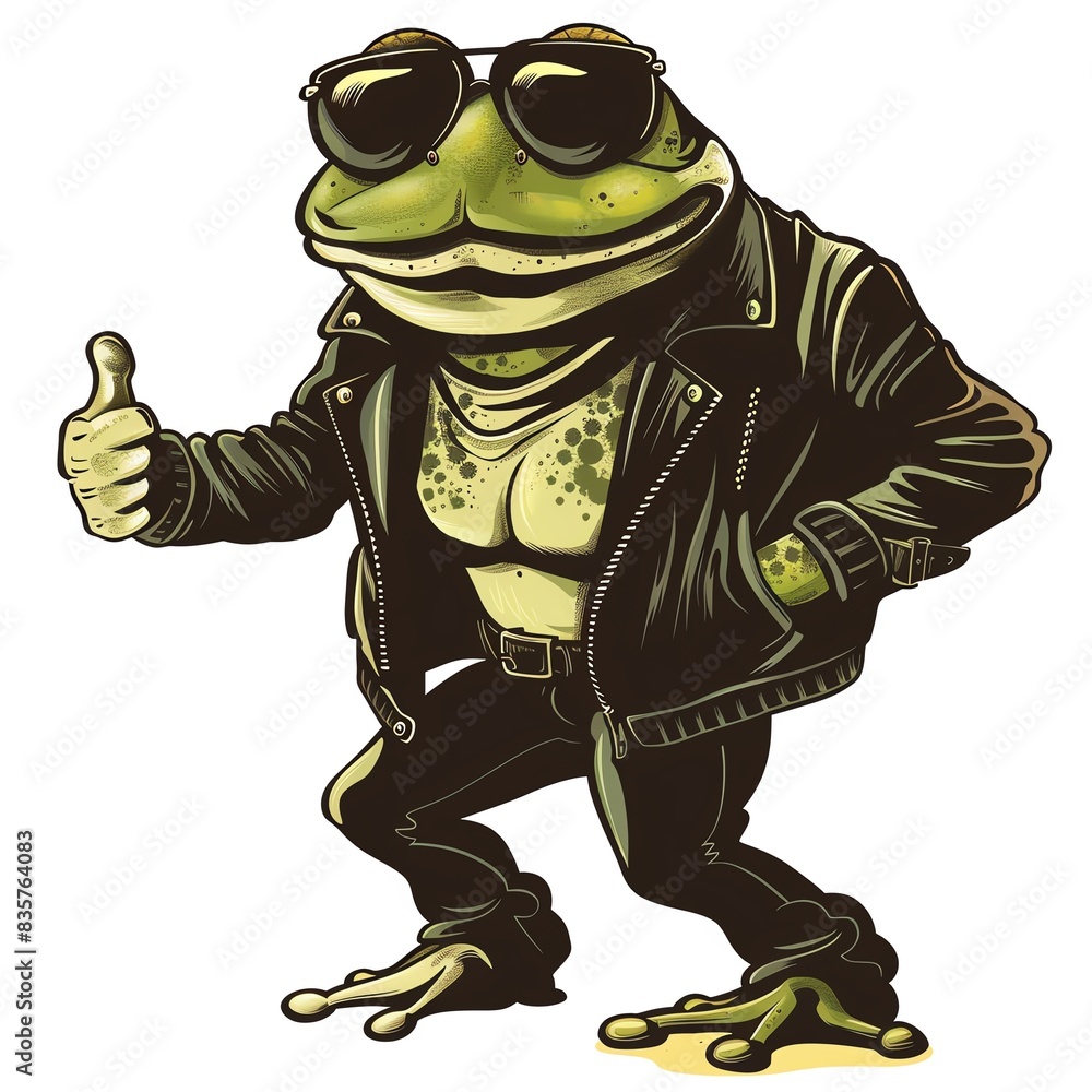 Obraz premium Cool frog in leather jacket and sunglasses giving thumbs up