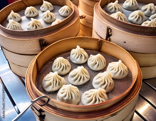 Xiao Long Tang Bao with wood spoon and napkin served in a wooden dish side view of taiwan food photo