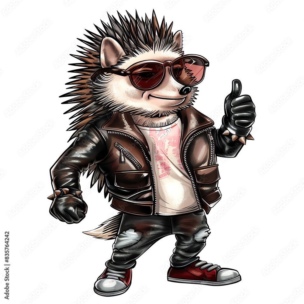 Cool hedgehog in leather jacket and sunglasses giving thumbs up Cool hedgehog in leather jacket and sunglasses giving thumbs up