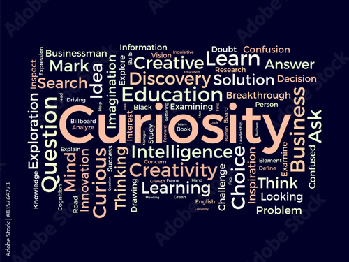 Curiosity word cloud template. Discovery concept vector tagcloud background.