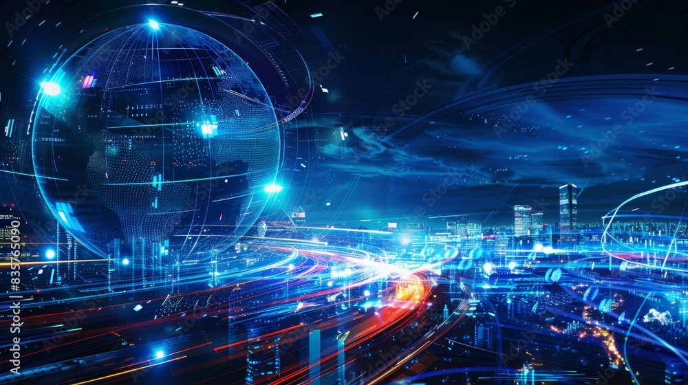 A high-tech globe with light trails linking various business centers. A high-tech globe with light trails linking various business centers.