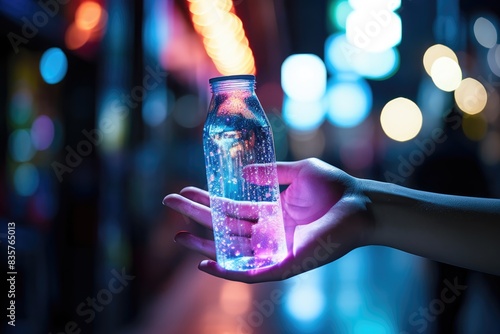 A close-up of a hand using hand sanitizer with bokeh lights in the background. photo