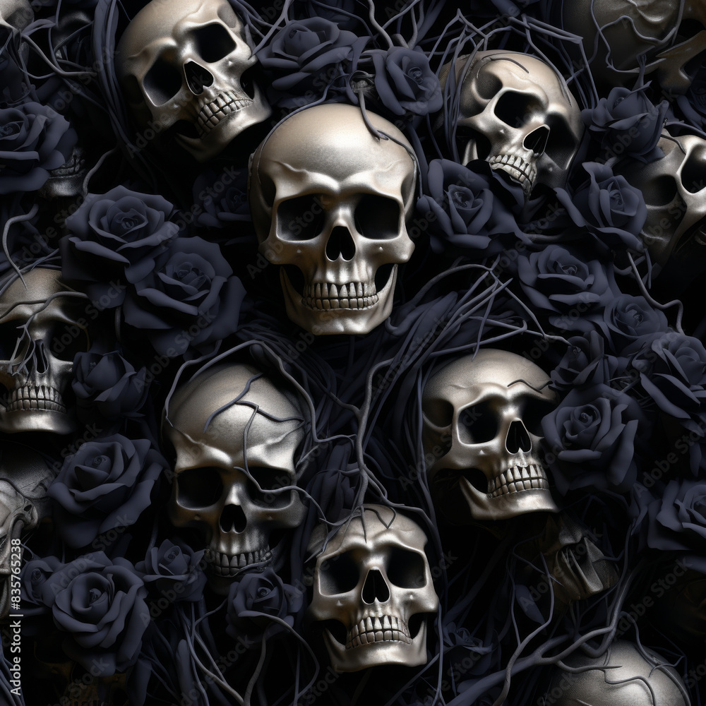 A collection of skulls and roses in a black background A collection of skulls and roses in a black background