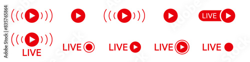 Stream live video icon. Online broadcast red logo.