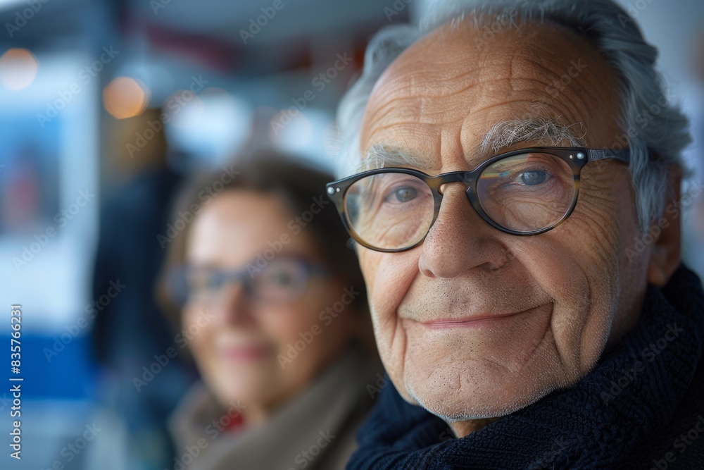 Elderly Man with Glasses Smiling Warmly, Background Blurred, Winter Scarf, Close-up Portrait, Happy Expression Elderly Man with Glasses Smiling Warmly, Background Blurred, Winter Scarf, Close-up Portrait, Happy Expression