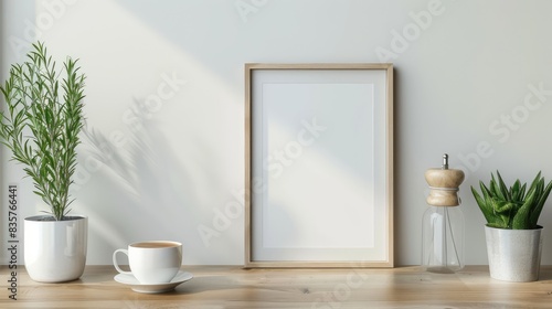 Picture Frame on Wooden Table with Houseplant