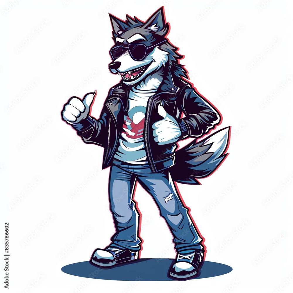 Cool wolf wearing sunglasses, leather jacket, and jeans giving a thumbs up. Cool wolf wearing sunglasses, leather jacket, and jeans giving a thumbs up.