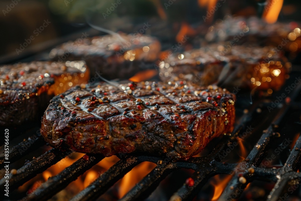 A close up of a grill with four pieces of meat on it A close up of a grill with four pieces of meat on it