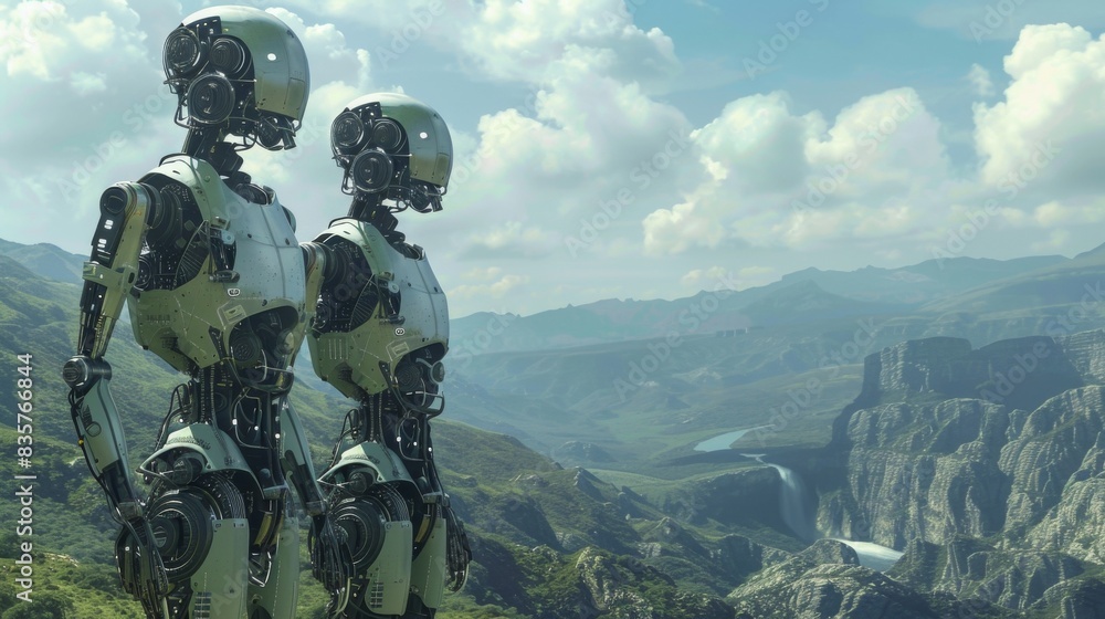 Two robots standing on a mountain side Two robots standing on a mountain side