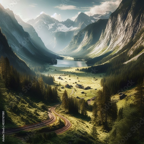 Mountain valley with tracks near Obersee lake in Berchtesgaden National Park photo