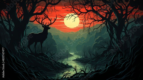 Wallpaper Mural In a dense, misty forest at twilight, the businessman cautiously moves through thick underbrush, flashlight in hand, as eerie shadows hint at lurking demons. Painting Illustration style, Minimal and Torontodigital.ca