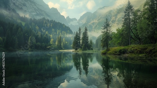 A serene lake surrounded by trees and mountains