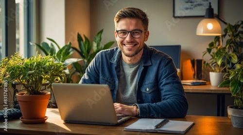 Smiling Young Man Working on Laptop at Home Office